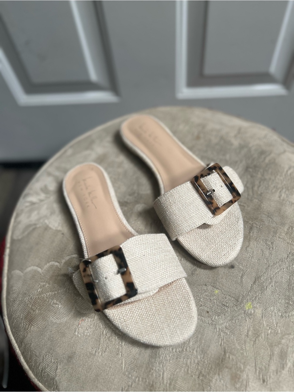 Nicole Miller Rolie Women's Beige Woven Slide Sandals with Tortoiseshell Buckle